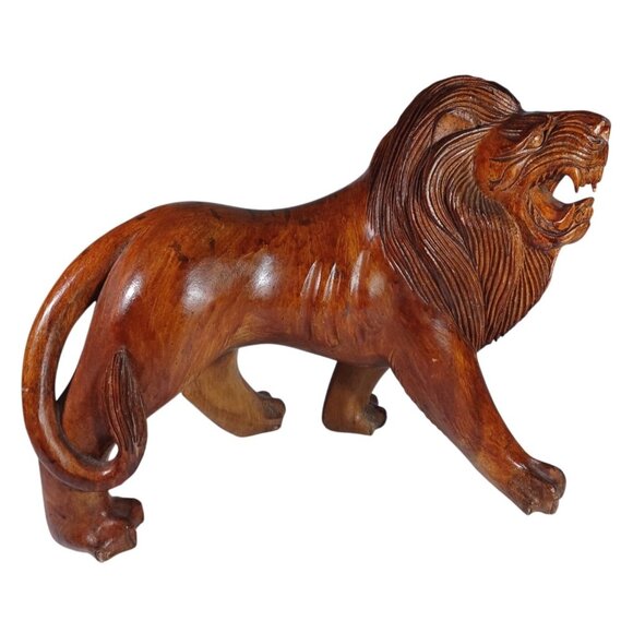 Set o2 Huge Hand-Carved Mid Century Wooden Wood  Roaring Lion Statues 17x13 - Picture 8 of 16